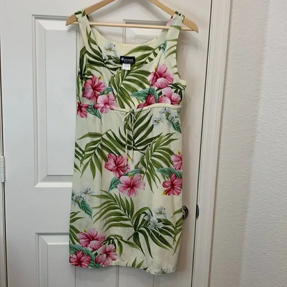 Puanani Hawaii RJC Tropical Dress Small Green Pink White Plumerias Scoop Neck